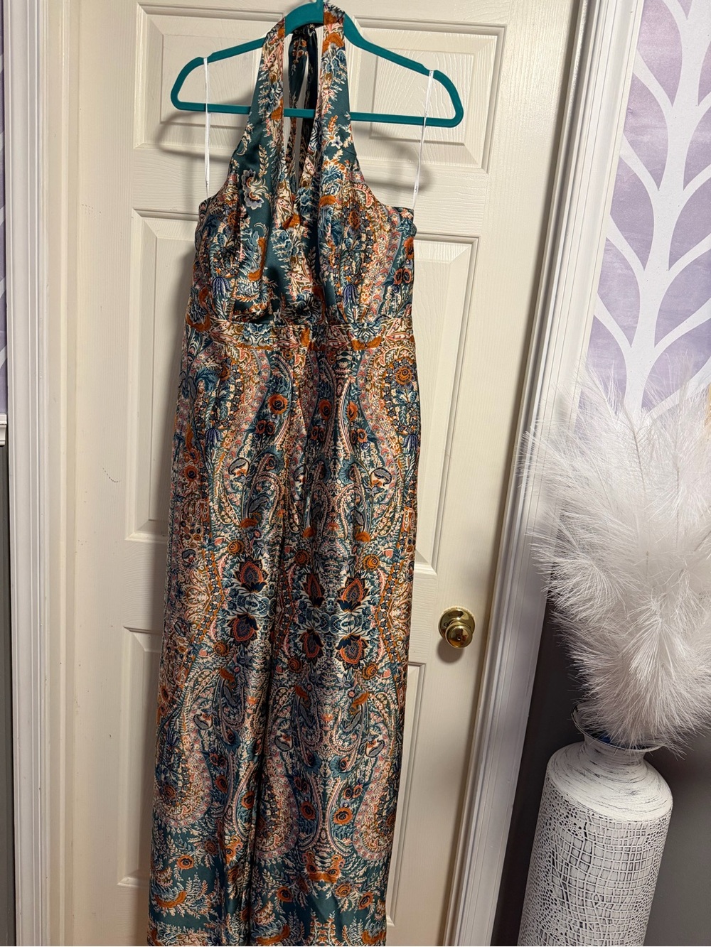 Lulus Divine Wanderings Teal Scarf Print Satin Jumpsuit 2X